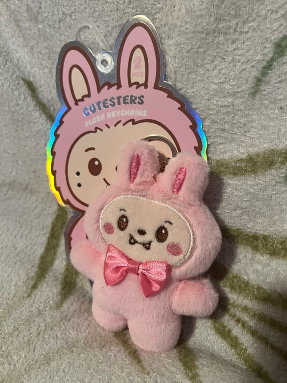 Cute Pink Plush Bunny Keychain - Soft Bow Accent